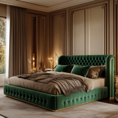 Emerald green Luxury Tufted Velvet Bed Frames with gold accents in a stylish bedroom.