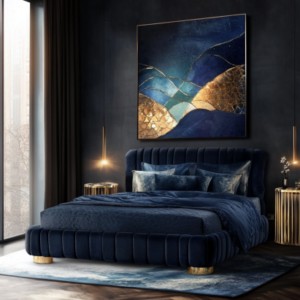 Deep navy velvet bed frame as a statement piece for modern bedrooms