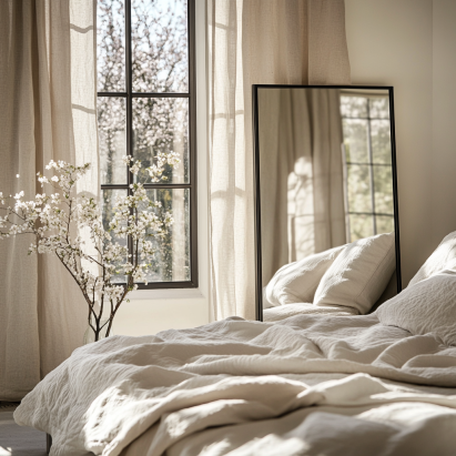 Large mirror reflecting natural light for cozy bedroom mirror and lighting ideas.
