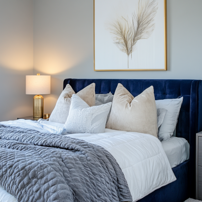 Navy velvet bed frames in small bedrooms with white bedding and wall sconces