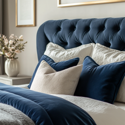 Close-up of luxurious velvet bed frames with tufted headboard