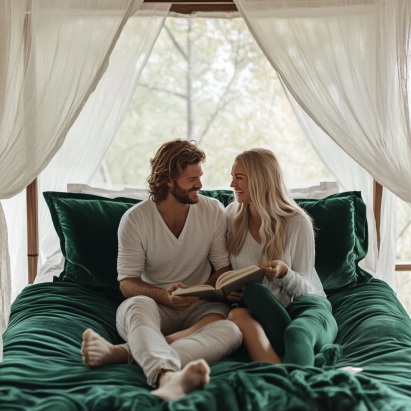Minimalist velvet platform bed with neutral decor.
