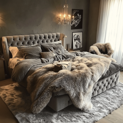 Classic gray Luxury Tufted Velvet Bed Frames with plush bedding and a fur throw.