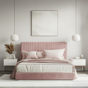 Blush pink velvet bed frame as a statement piece for modern bedrooms.