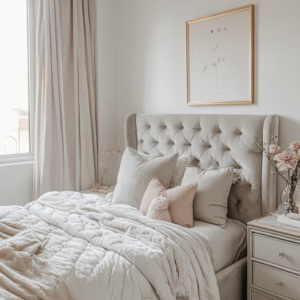 Blush pink velvet bed frame in a sophisticated bedroom makeover with gold accents
