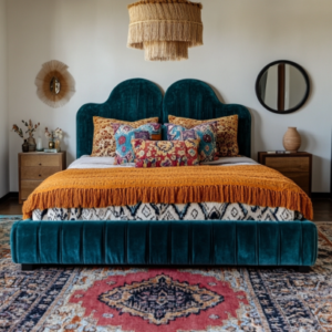 Teal velvet bed frame in a bohemian sophisticated bedroom makeover