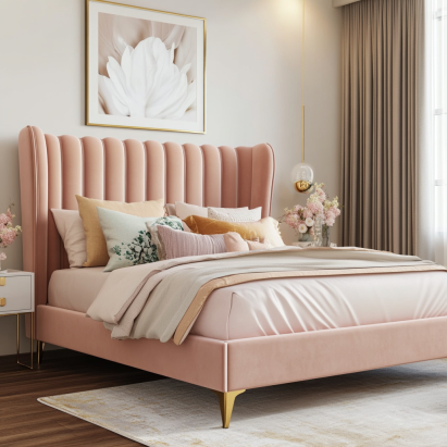 Blush pink luxurious velvet bed frames in a modern bedroom