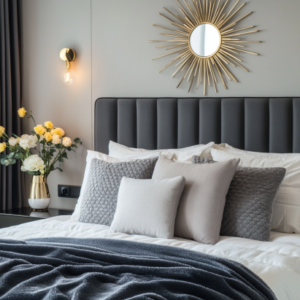 Gray velvet bed frame in a minimalist sophisticated bedroom makeover