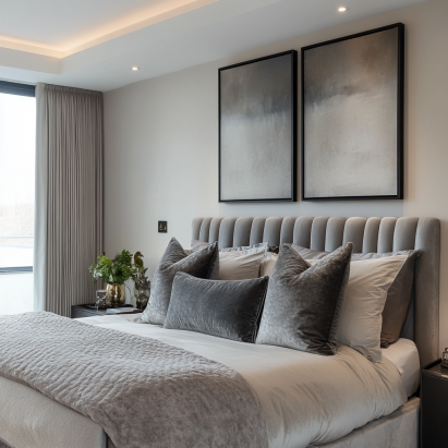 Gray luxurious velvet bed frames in a contemporary bedroom