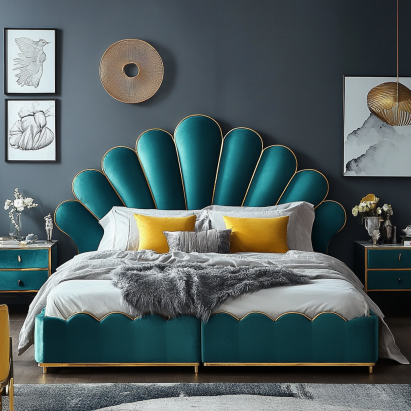 Teal scalloped headboard bed frame in velvet upholstery, one of the top velvet bed frames