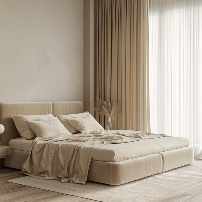 Beige luxurious velvet bed frames in a minimalist bedroom