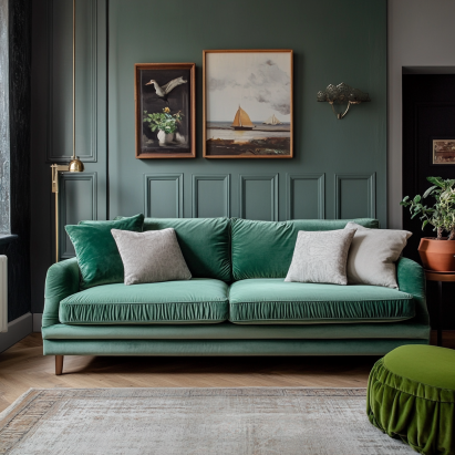 Small apartment styled with velvet sofas for small living rooms