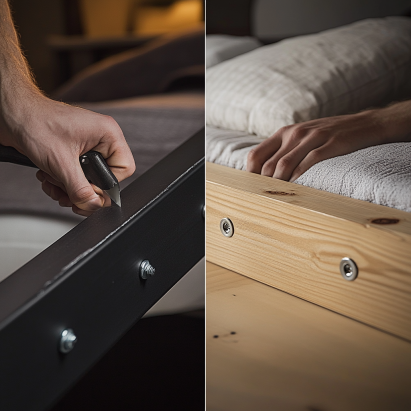 "Side-by-side comparison of fixing Metal vs wood bed frame noises, showing bolt tightening on a metal bed frame and applying lubricant to a wooden bed frame."