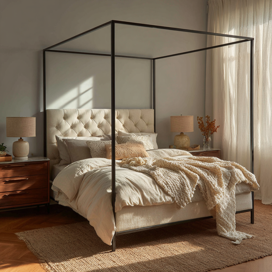 upholstered canopy bed in a master bedroom with drapes