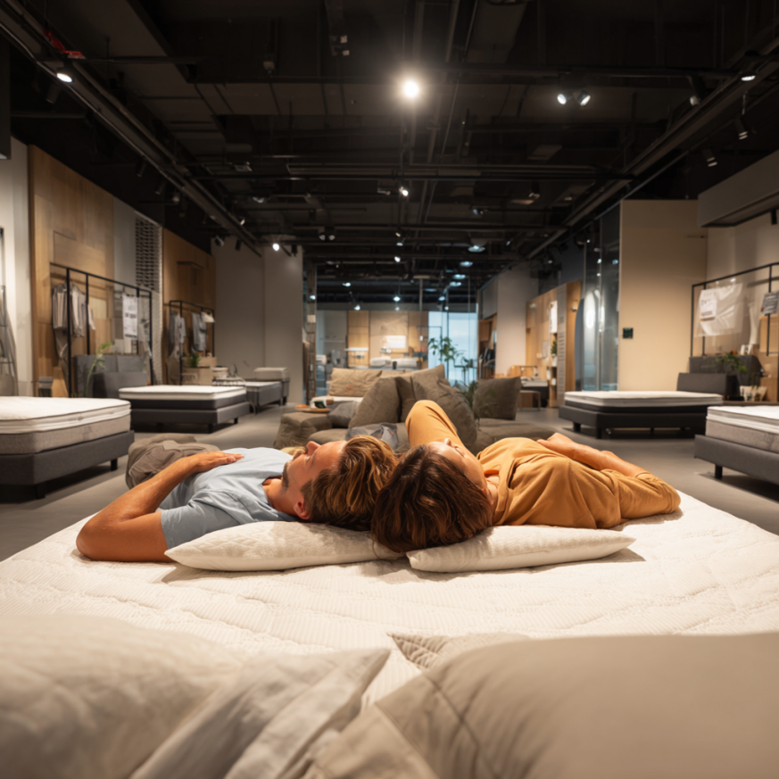 couple testing mattress in showroom
