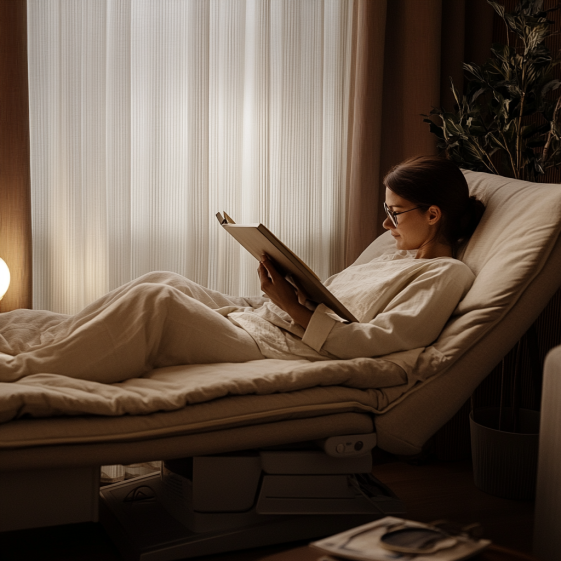 Adjustable bed baseswith ergonomic lumbar support for reading in bed.