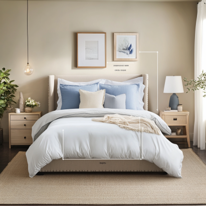Infographic of bed sizes compared, featuring Queen, Full, and King beds side by side. Each bed is neatly made and labeled, with arrows and measurements highlighting the width and length differences. The background shows a cozy bedroom setting with soft lighting, and the design uses calming colors like soft blues and grays.