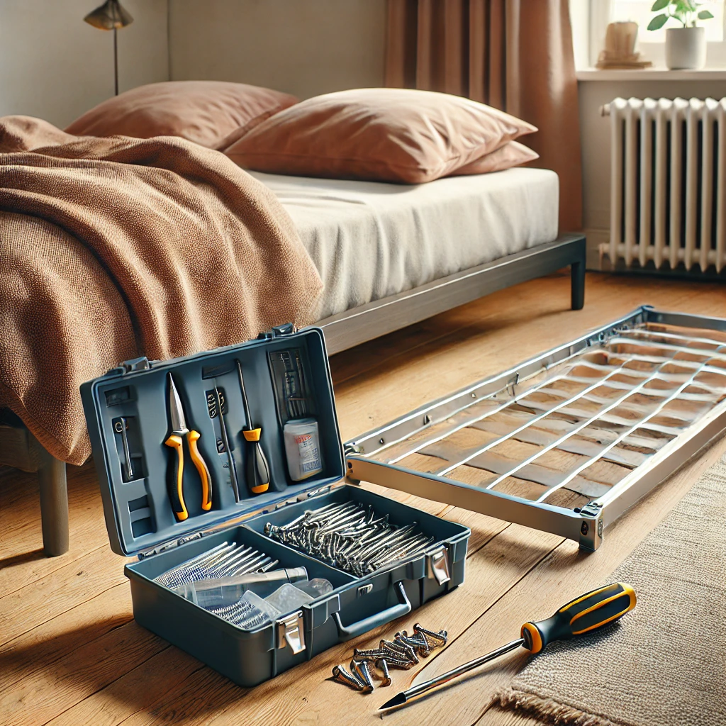 Toolbox next to a disassembled metal bed frame – metal bed frame maintenance