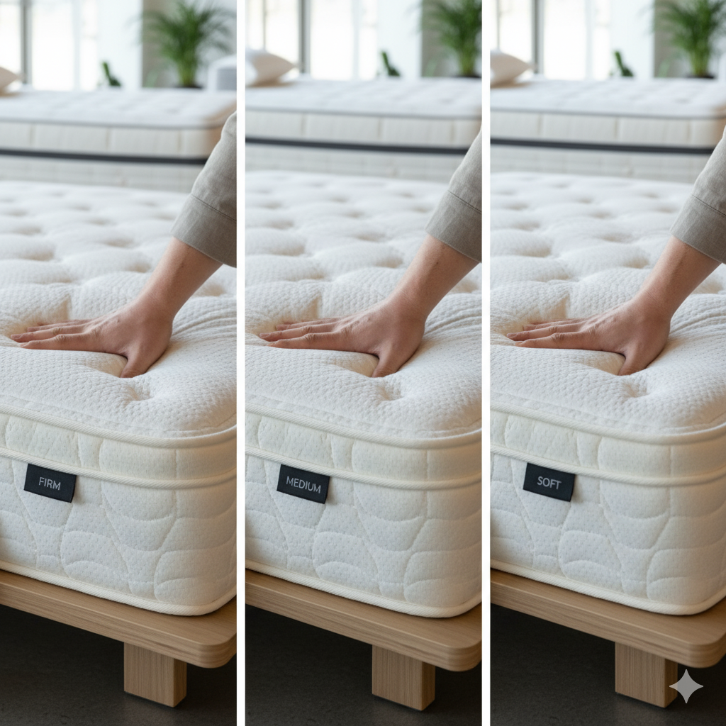 Firmness scale chart showing soft, medium, firm mattress levels for king beds