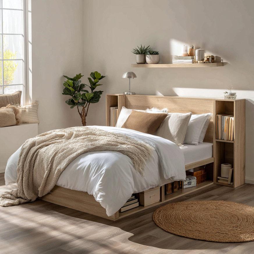 Affordable bookcase storage bed with simple shelves for small bedrooms