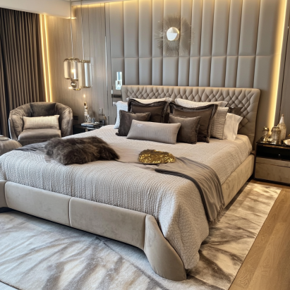 Spacious king bed room setup with elegant decor, cozy bedding, and optimal furniture arrangement for comfort and style