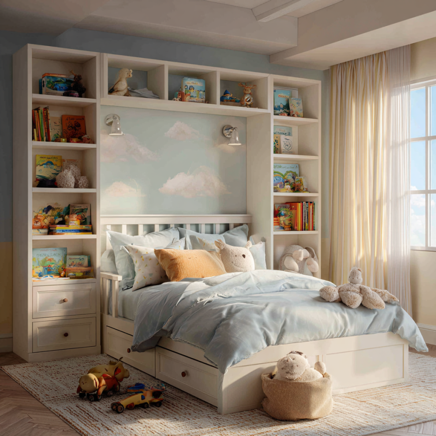 Modern kids bookcase storage bed with shelves and safety rails