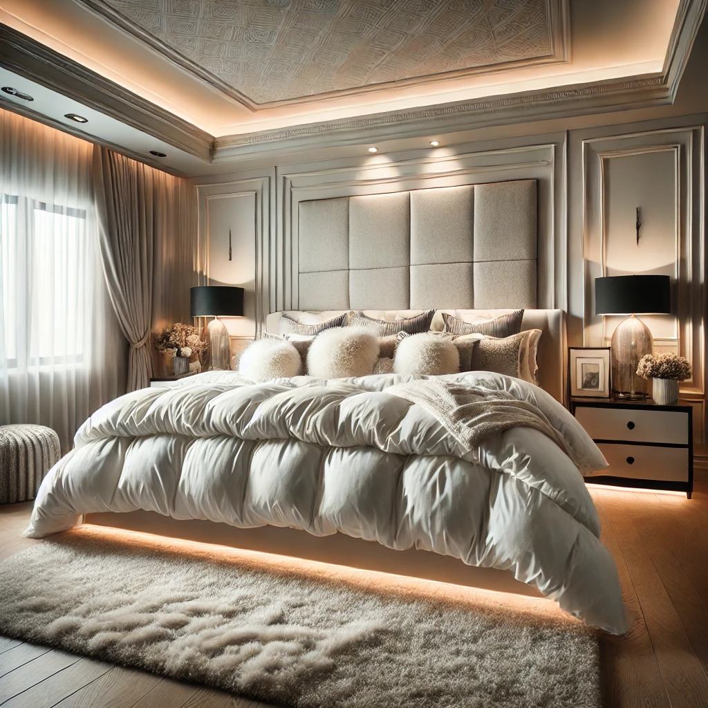 "Custom bed sizes: A spacious bedroom featuring an Alaskan King Bed with plush white bedding, elegant decor, and soft ambient lighting."