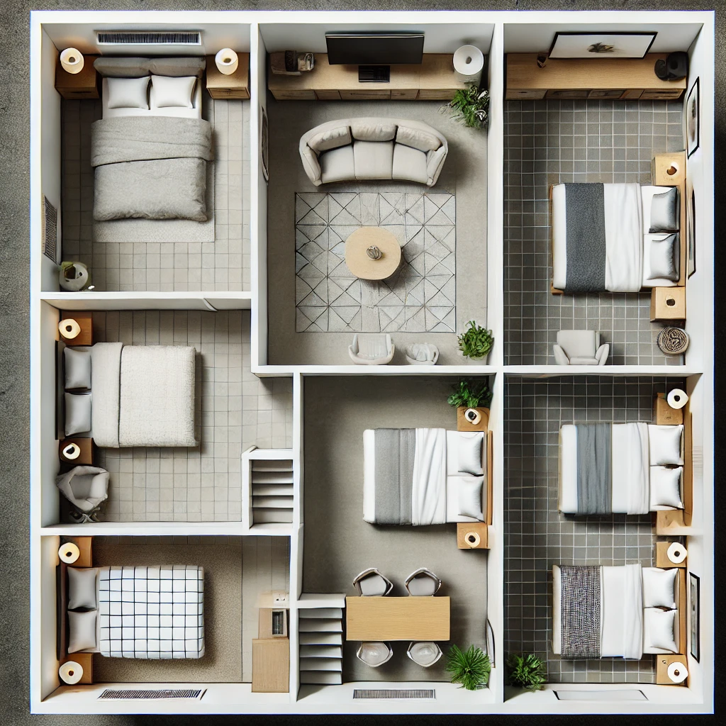 Standard Bed Size Chart visual of Twin, Full, Queen, and King in bedroom layouts