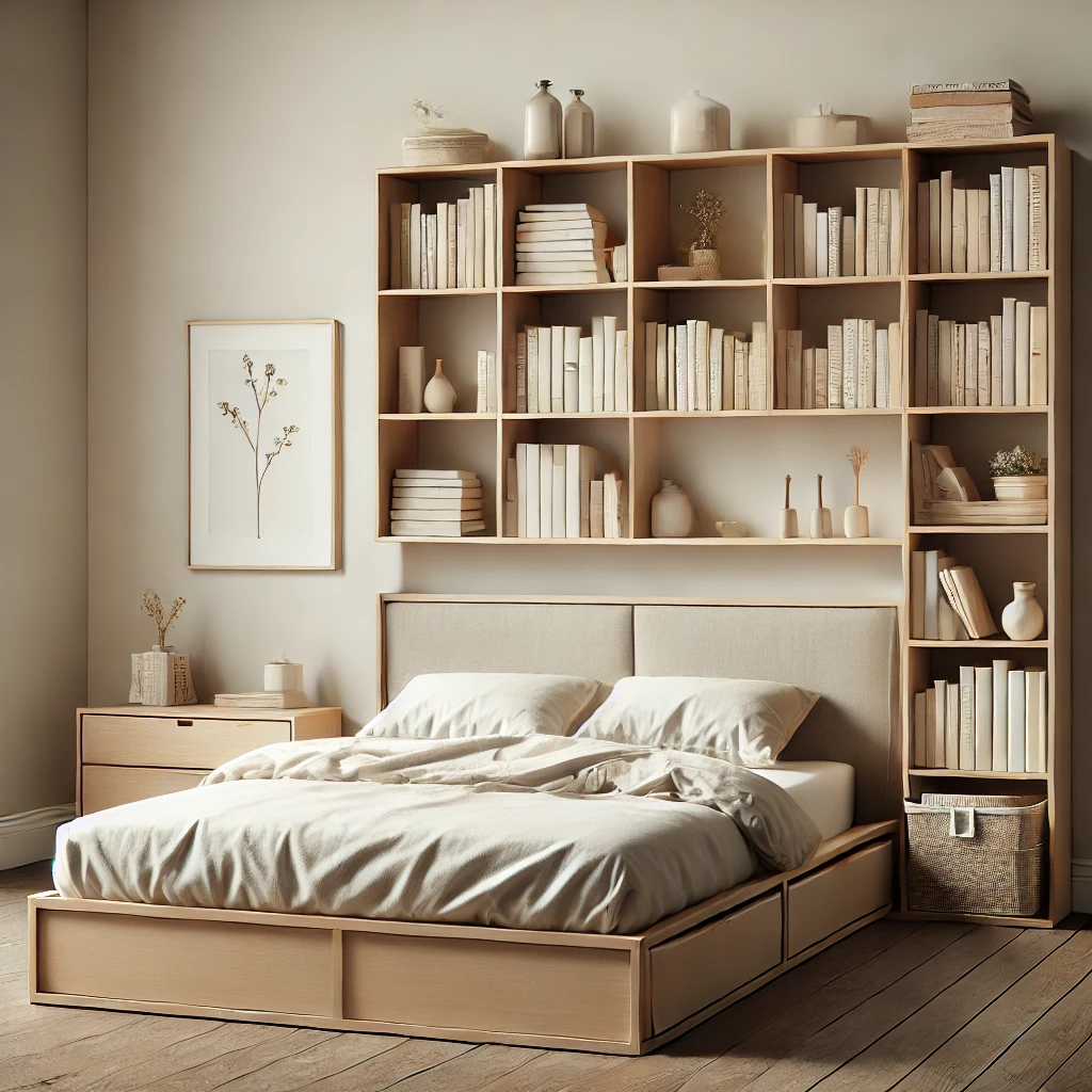 Minimalist affordable bookcase storage beds with shelves and organized books