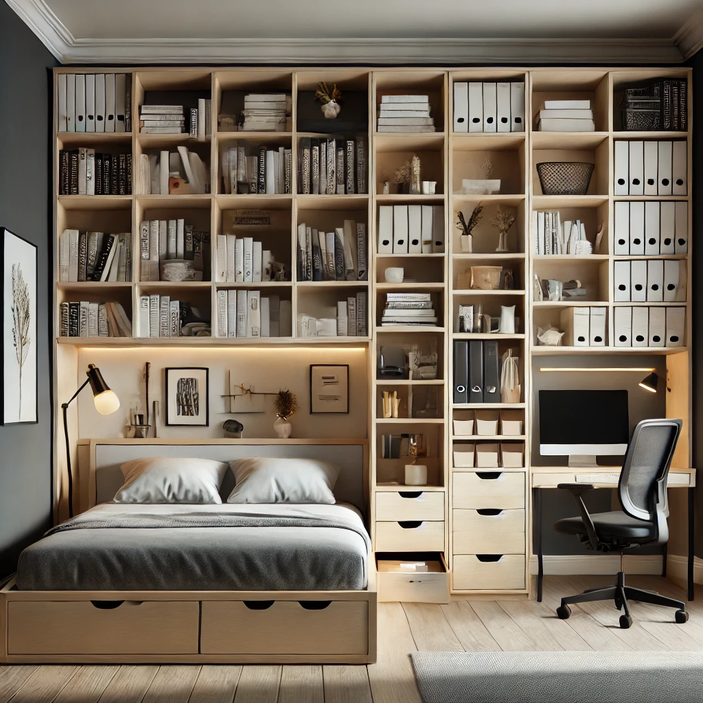Minimalist modern bookcase storage bed with clean shelves and sleek design for kids