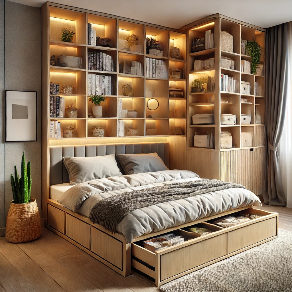 Compact bookcase storage beds for studio apartments with built-in shelves, modern design, and space-saving functionality.