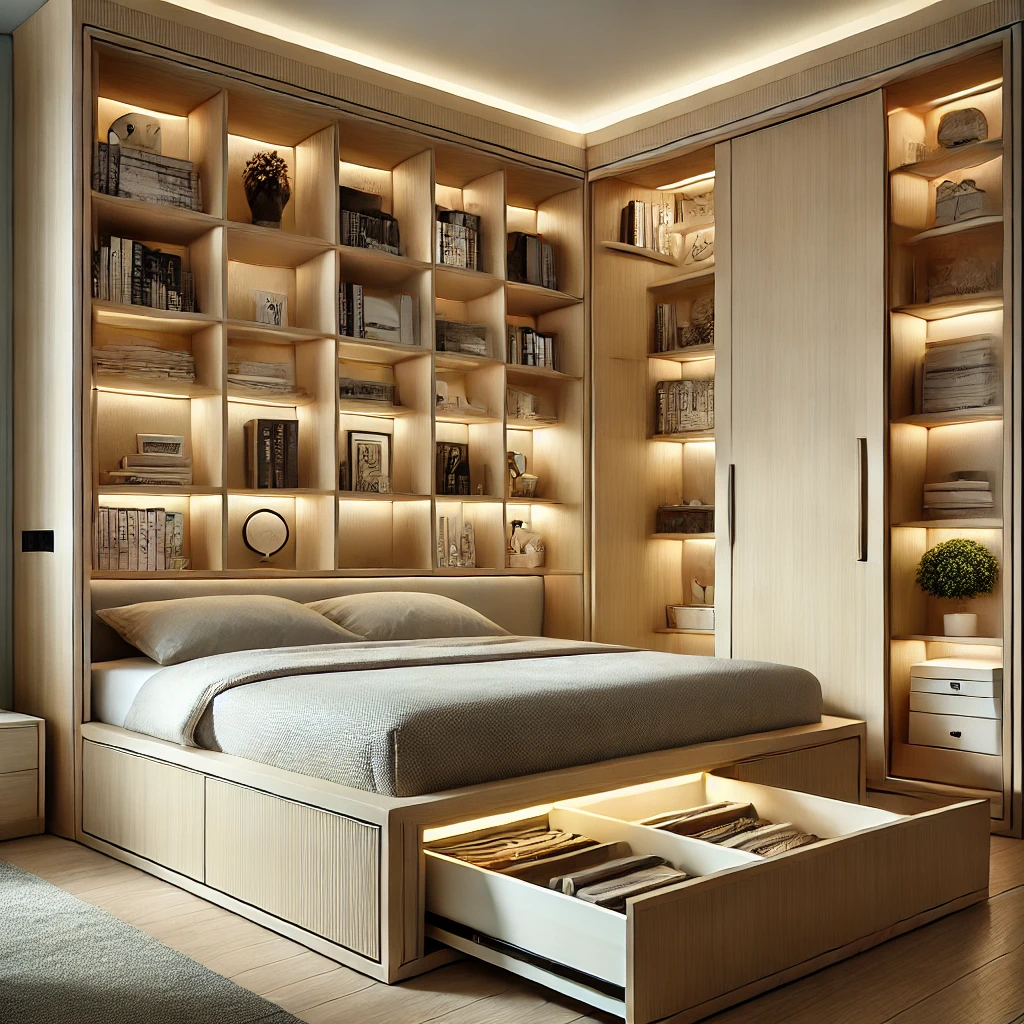 hidden storage in the bedroom with bookcase bed