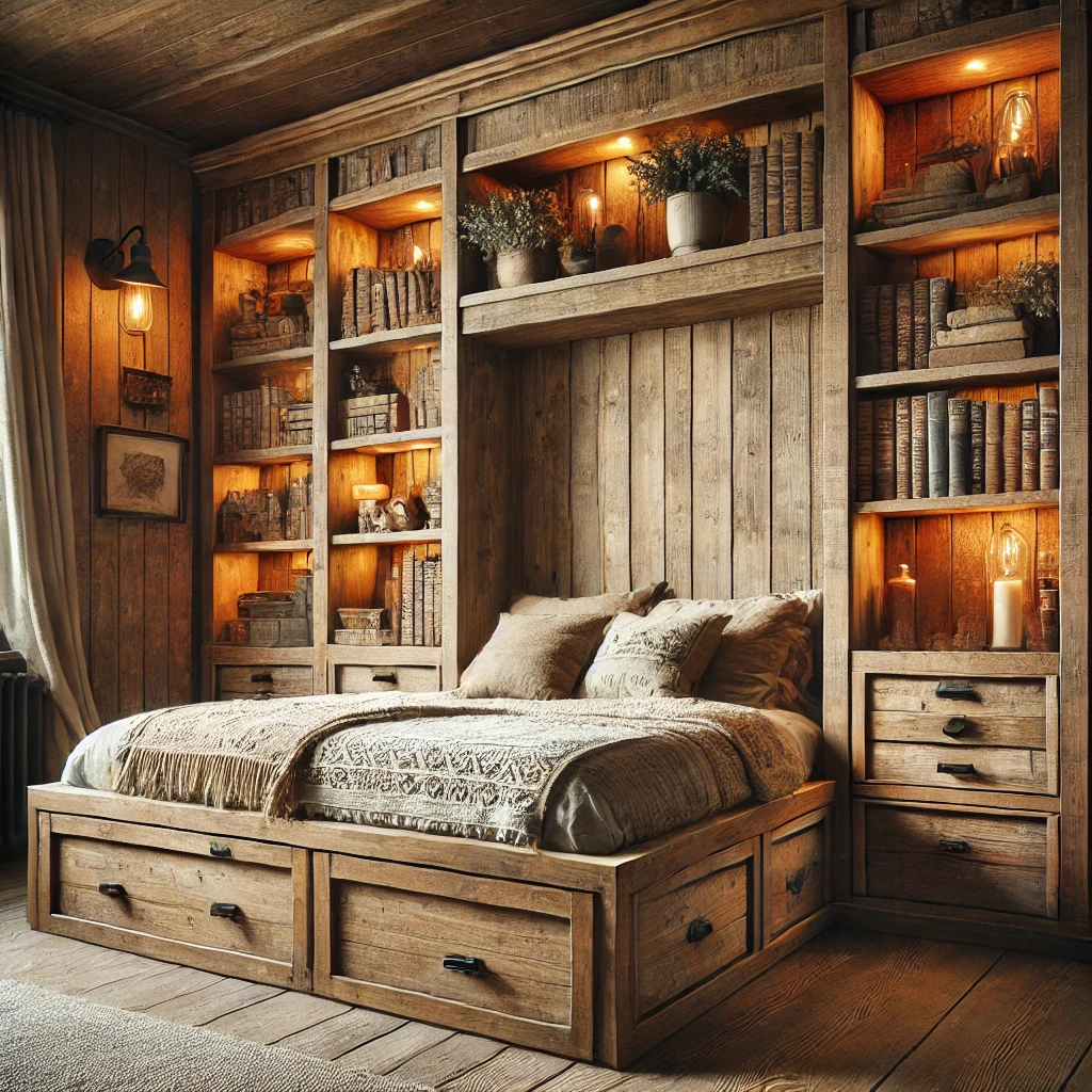queen size bookcase storage beds in a rustic wooden bedroom