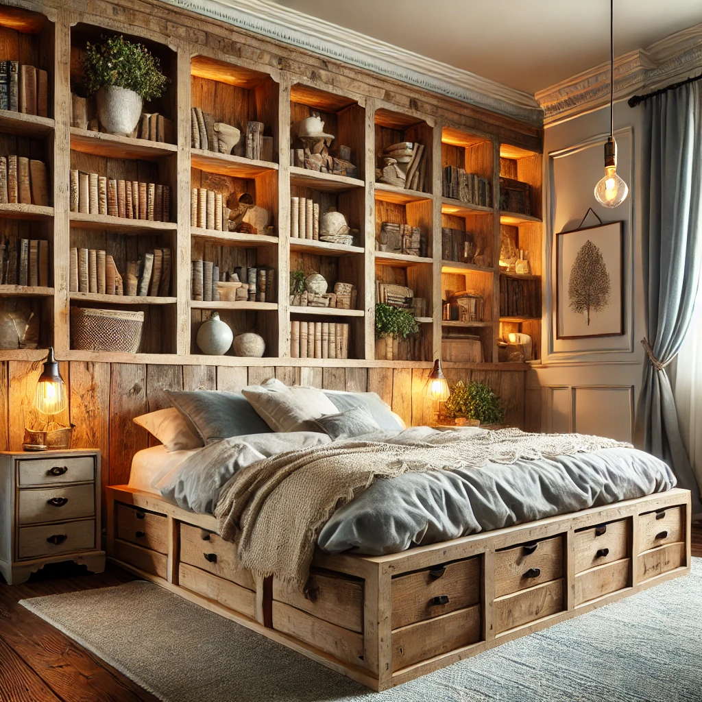 Stylish bookcase storage beds in a rustic reclaimed wood design, featuring built-in shelves with vintage books and farmhouse-style decor for a cozy atmosphere.