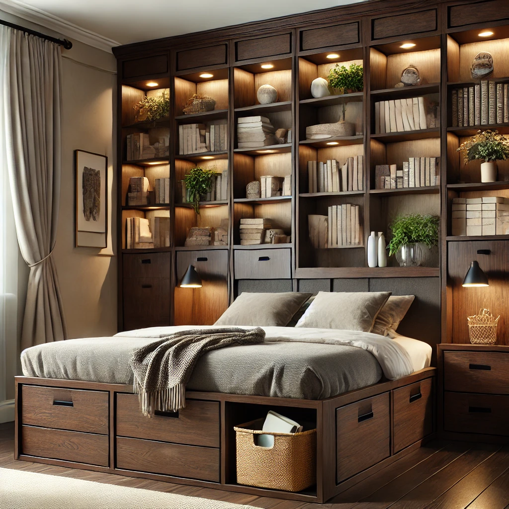 Dark walnut wooden bookcase storage beds with built-in bookshelves, warm lighting, and a stylish bedroom setting.