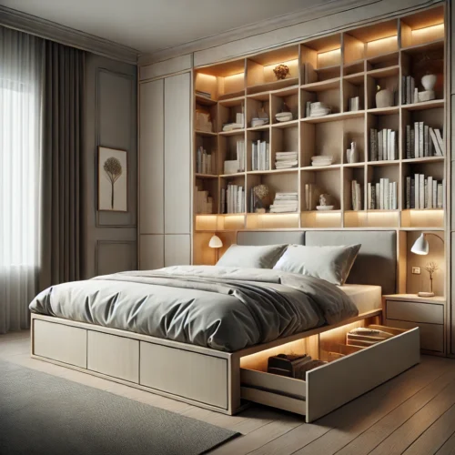 queen size bookcase storage beds with a sleek wooden frame, built-in shelves, and ambient lighting in a modern bedroom