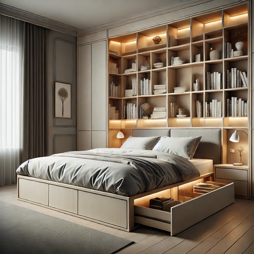 Queen-size bookcase storage bed with a sleek wooden frame, built-in shelves, and ambient lighting in a modern bedroom.
