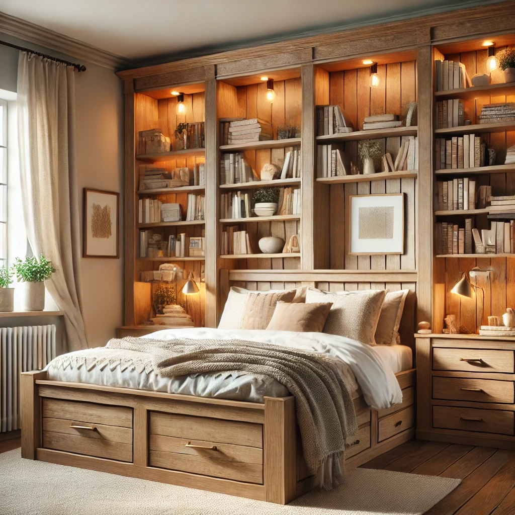 Luxurious queen-size bookcase storage bed with an upholstered headboard, integrated LED lighting, and neatly arranged books for an elegant atmosphere.