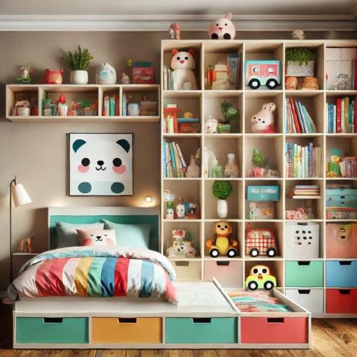 Bright and cheerful kids' modern bookcase storage bed featuring vibrant shelves with colorful books, stuffed animals, and playful decorations.