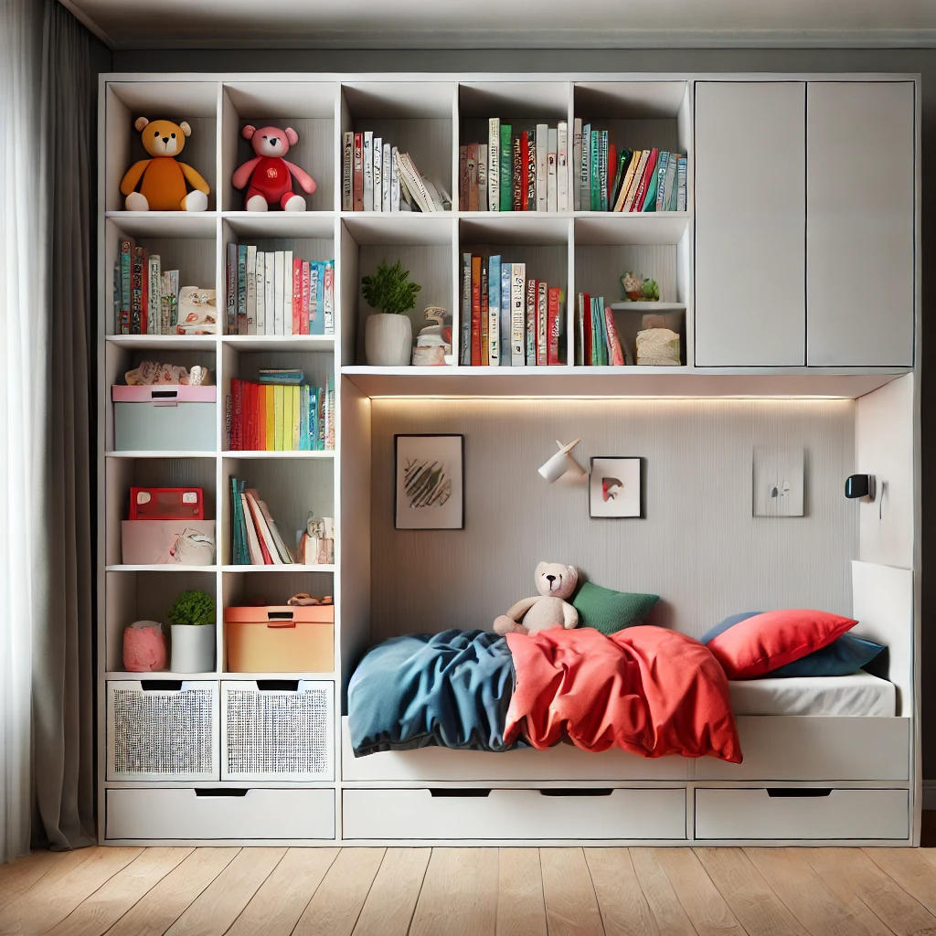 Modern bookcase storage bed for kids with vibrant shelves and cozy reading nook