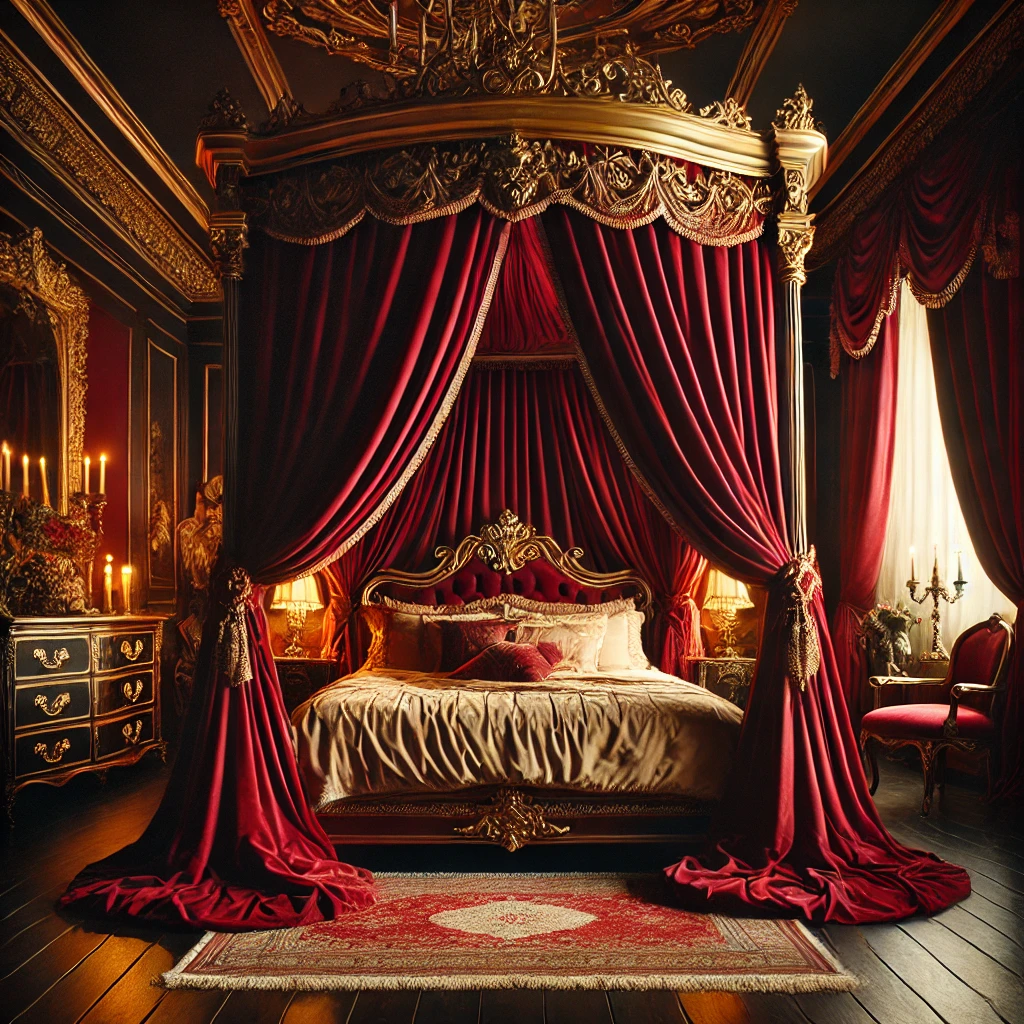 Romantic retreat with velvet drapes on gold canopy beds glamour and style
