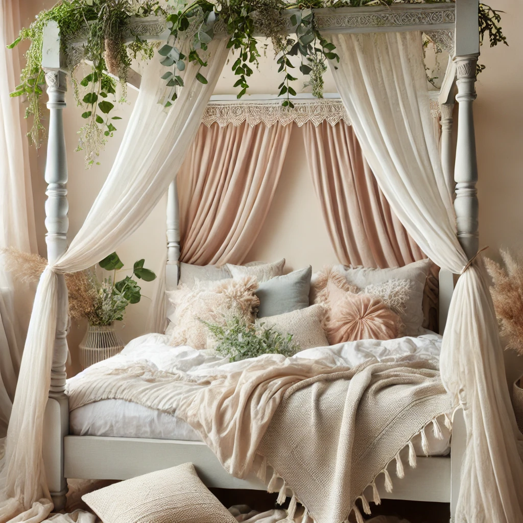 Green bedding displayed in a cozy bohemian bedroom with a canopy bed
