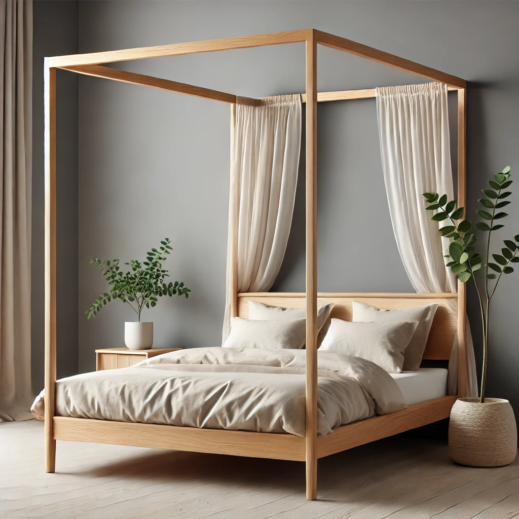 Light oak minimalist canopy bed frame with beige bedding.