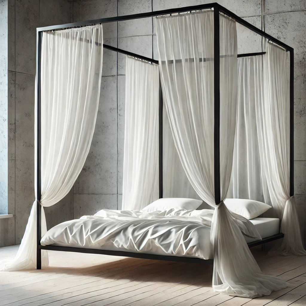 Modern minimalist canopy bed frame in a loft-style room with sheer white curtains.