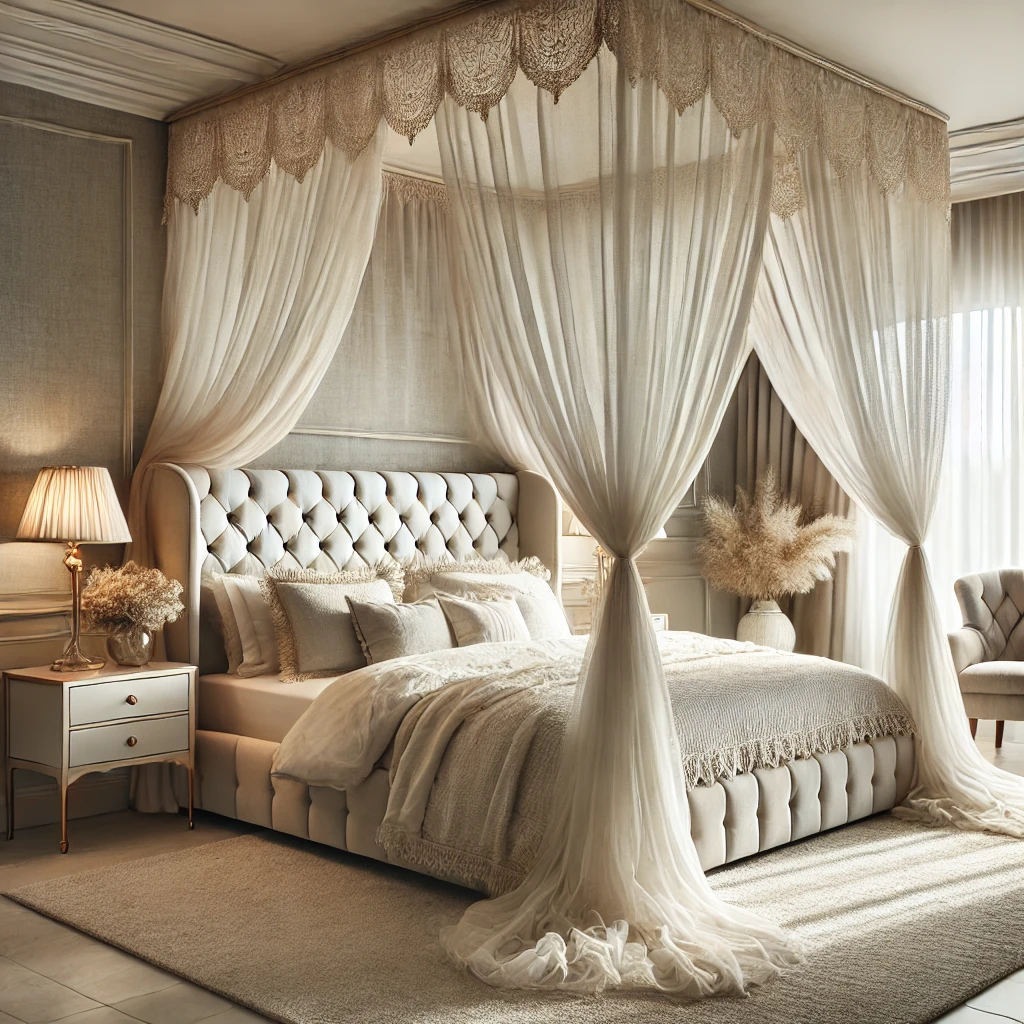 Elegant king size canopy bed with sheer drapes and tufted upholstered headboard