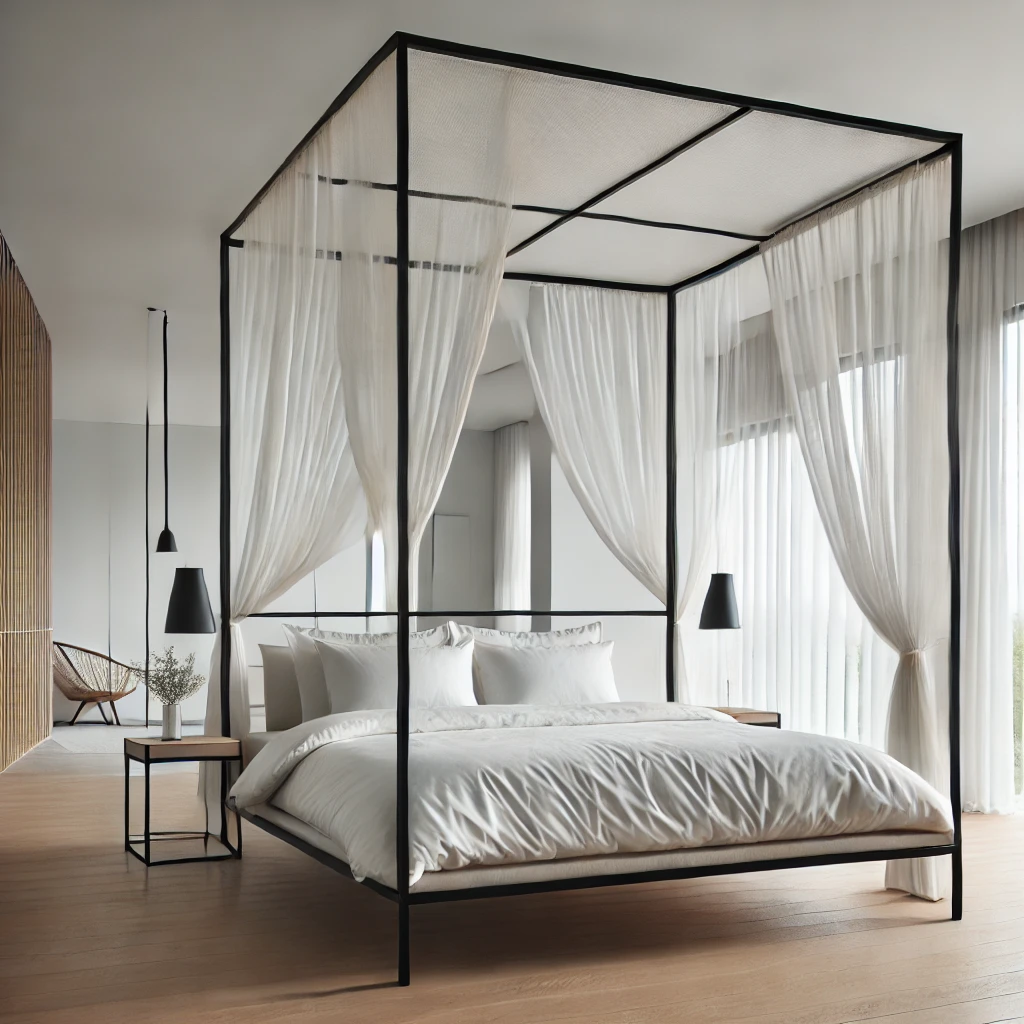 Minimalist king size canopy bed with black metal frame and white linens