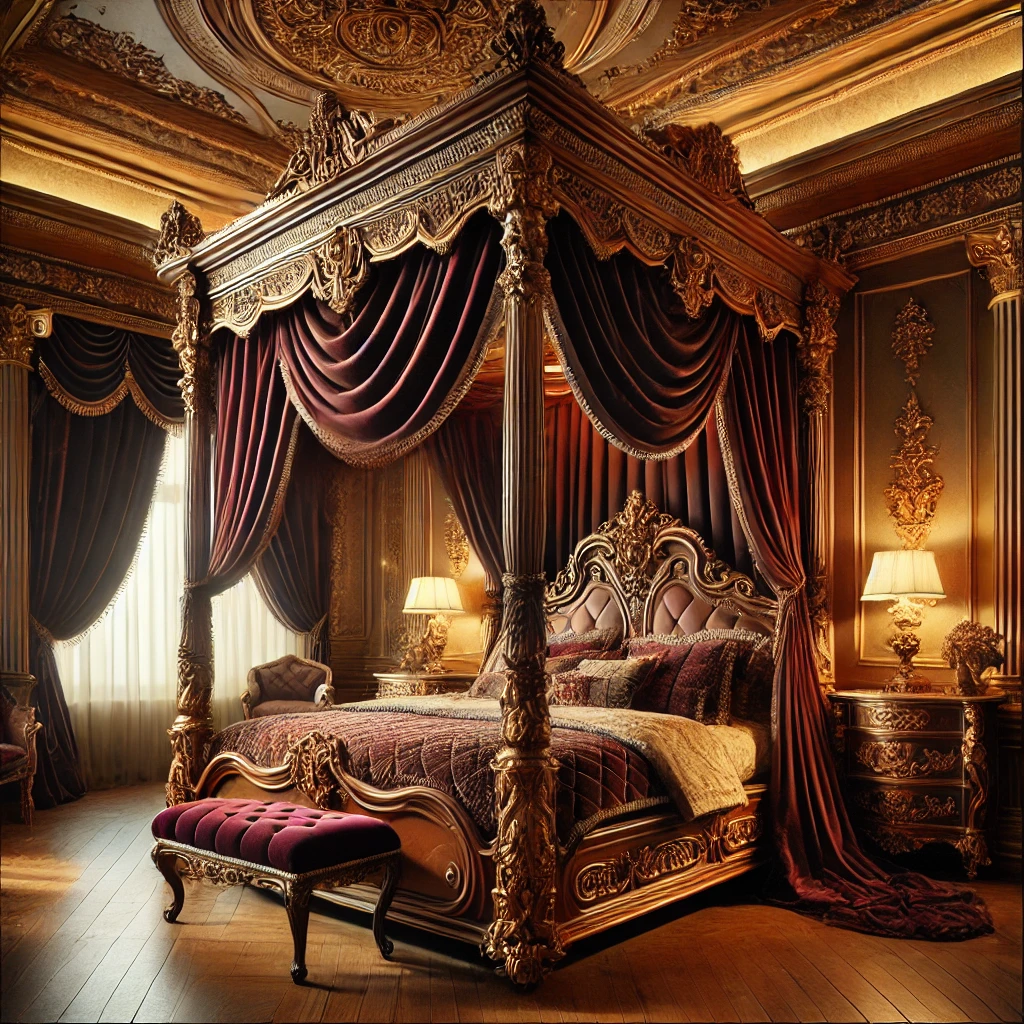 A King Canopy Bed Grand Elegance with ornate wooden carvings and velvet curtains in jewel tones