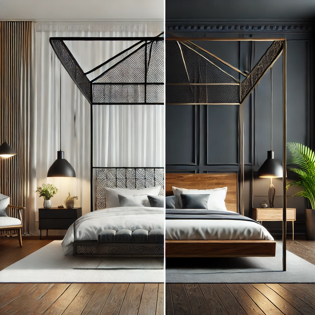 modern bedroom with sleek metal canopy bed next to a traditional wooden four poster bed