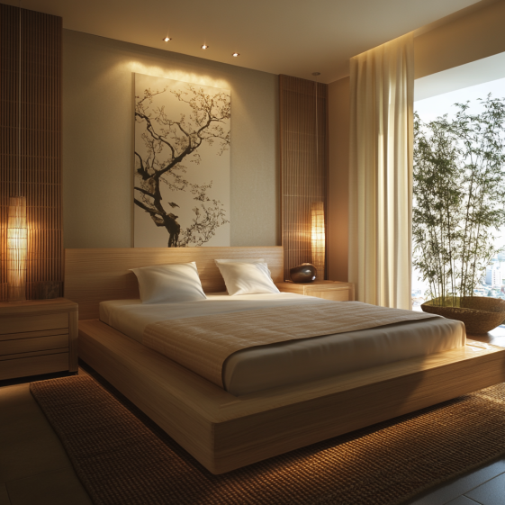 A cozy, Feng Shui-aligned bedroom with soft lighting and balanced decor.