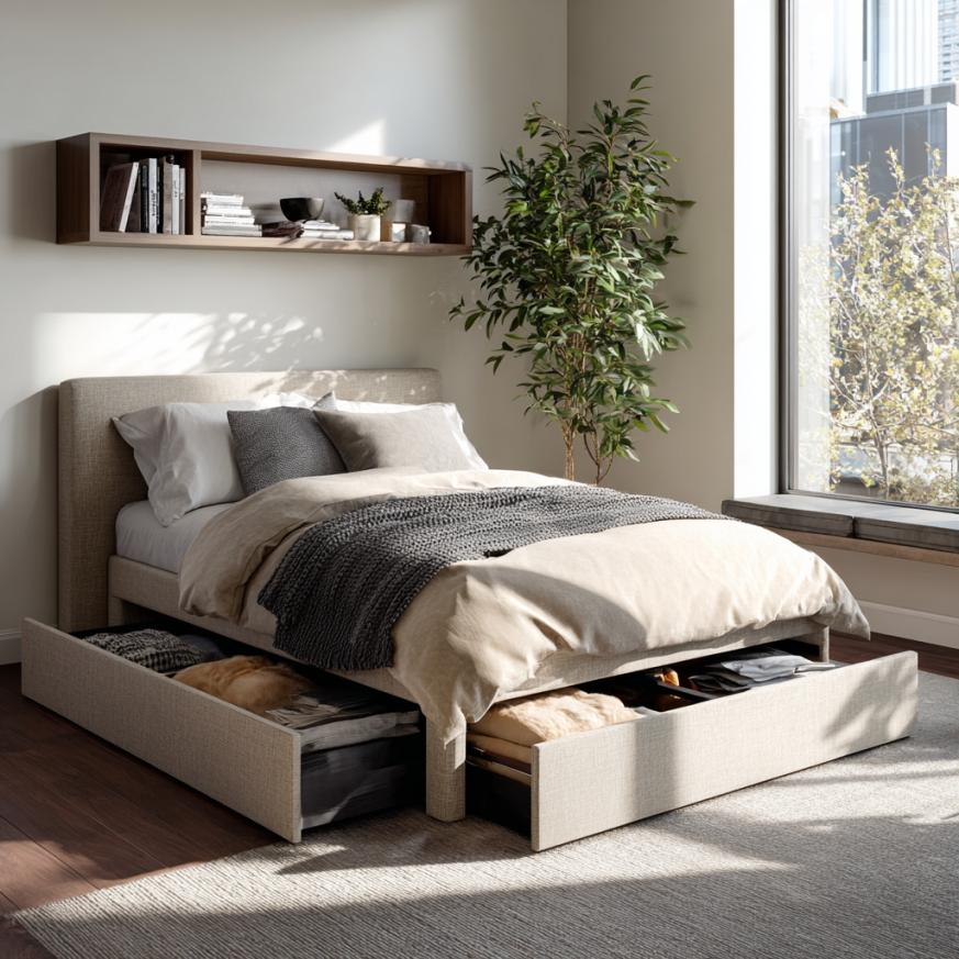 Full size bed frame with underbed storage drawer design